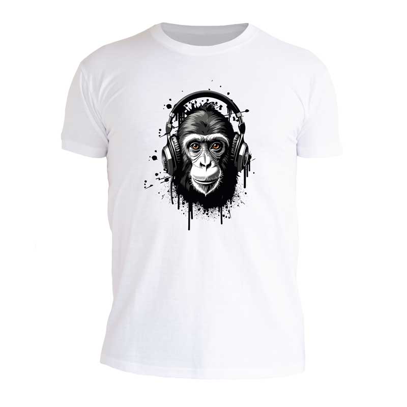ανδρικό-λευκό-t-shirt-με-στάμπα-gorilla-headphones-μπροστά ανδρικό λευκό t-shirt με στάμπα gorilla headphones μπροστά